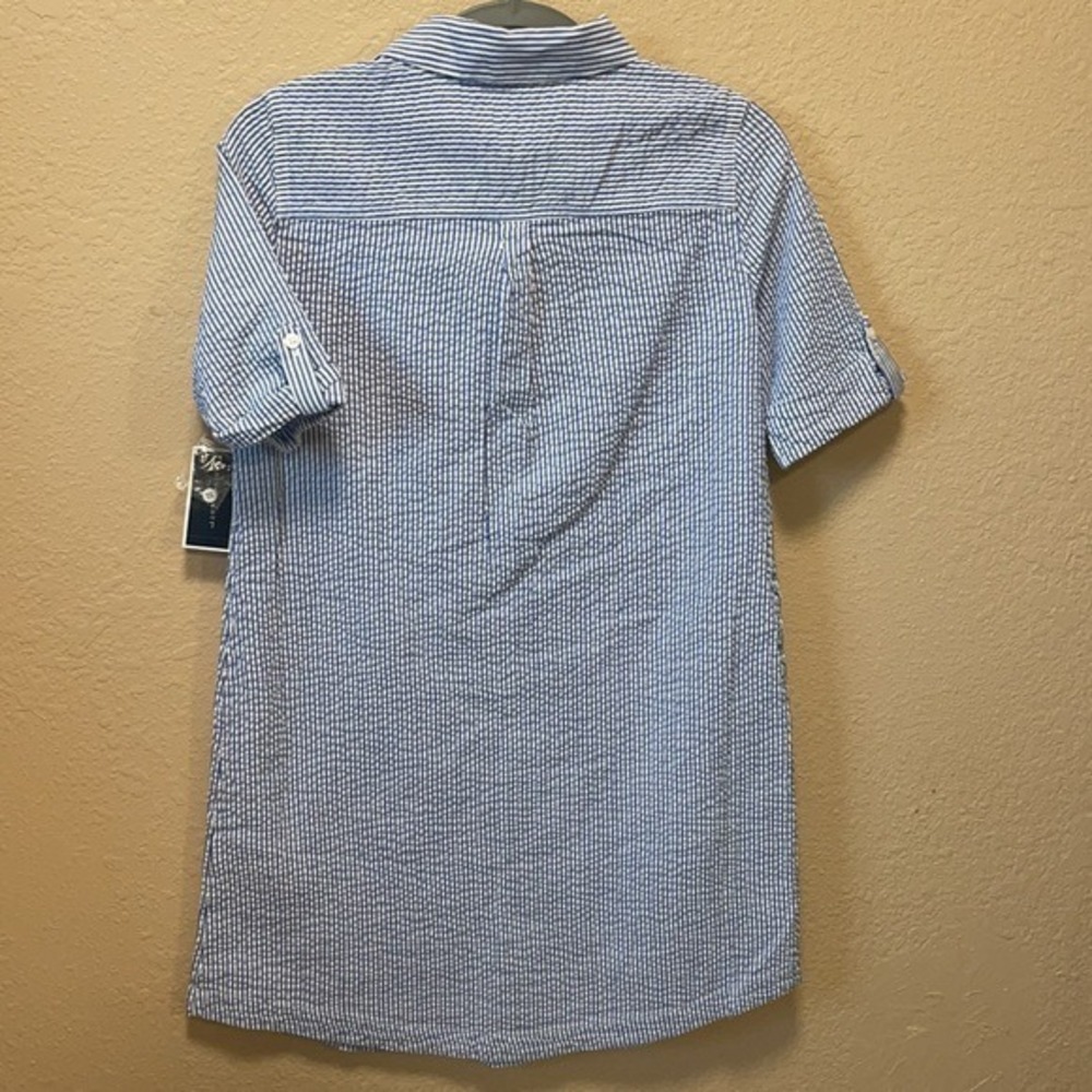 Karen Scott Dress Womens PS woven Seersucker Blue White Stripe Short Sleeve Mini - Picture 4 of 9